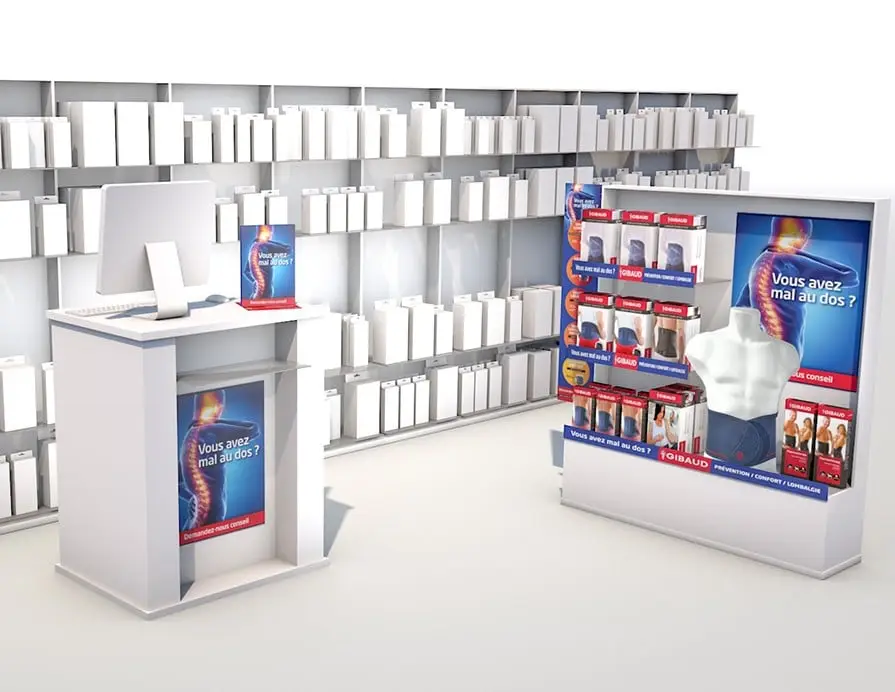 Gibaud, création de merchandising pour une implémentation de packaging en pharmacie.